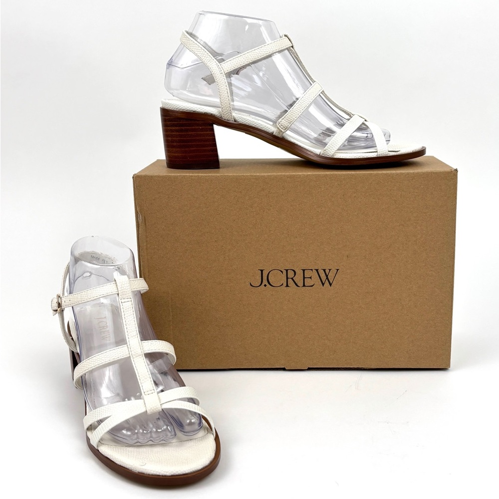 J. Crew Factory Lizard Embossed T Strap Block Heel Ivory Sandals Size 8 NWT